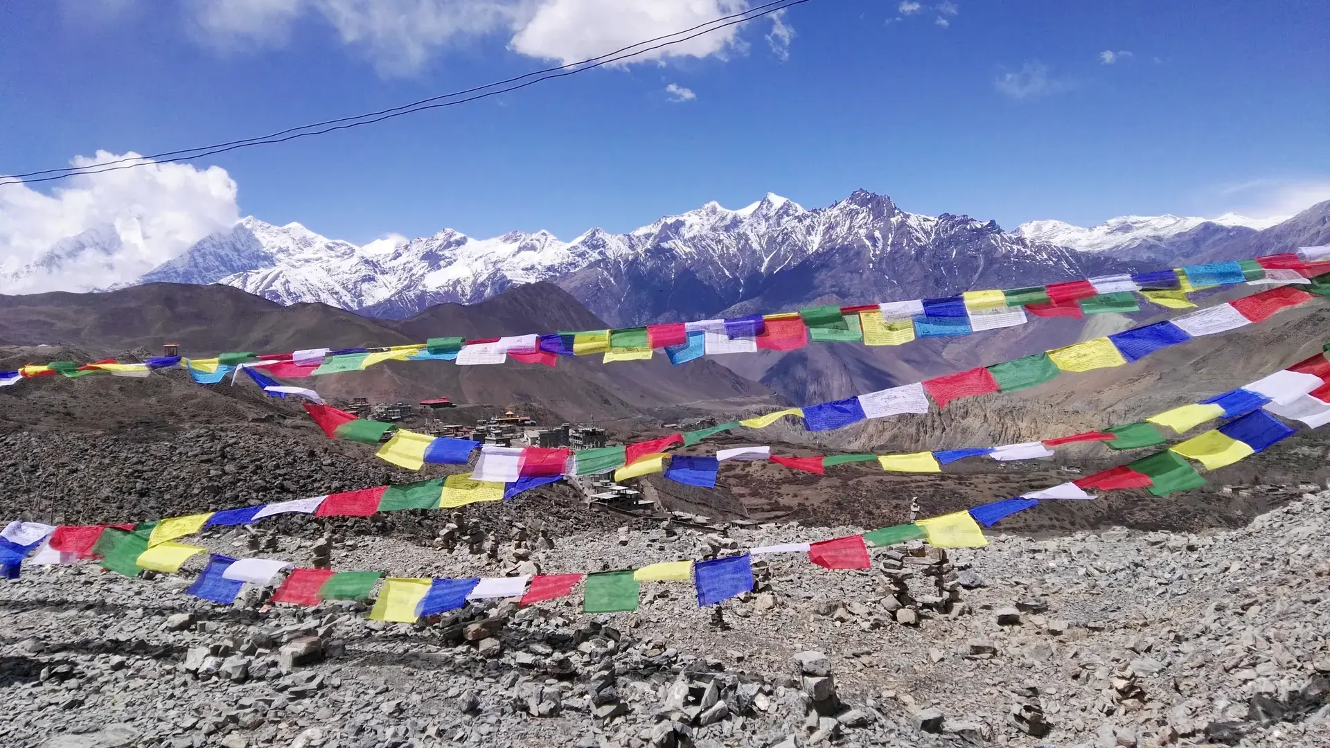 Prayer flags above the snow-capped Himalayan peaks at Muktinath